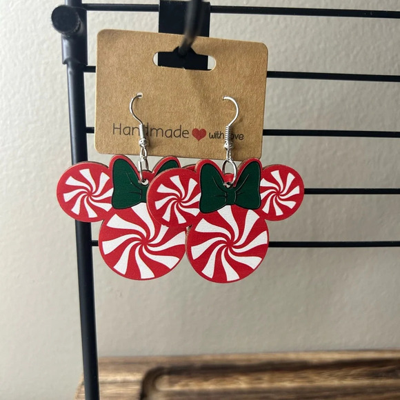 Candy Cane Mouse Bow Holiday Christmas Lightweight Dangly Earrings NEW - Picture 1 of 2